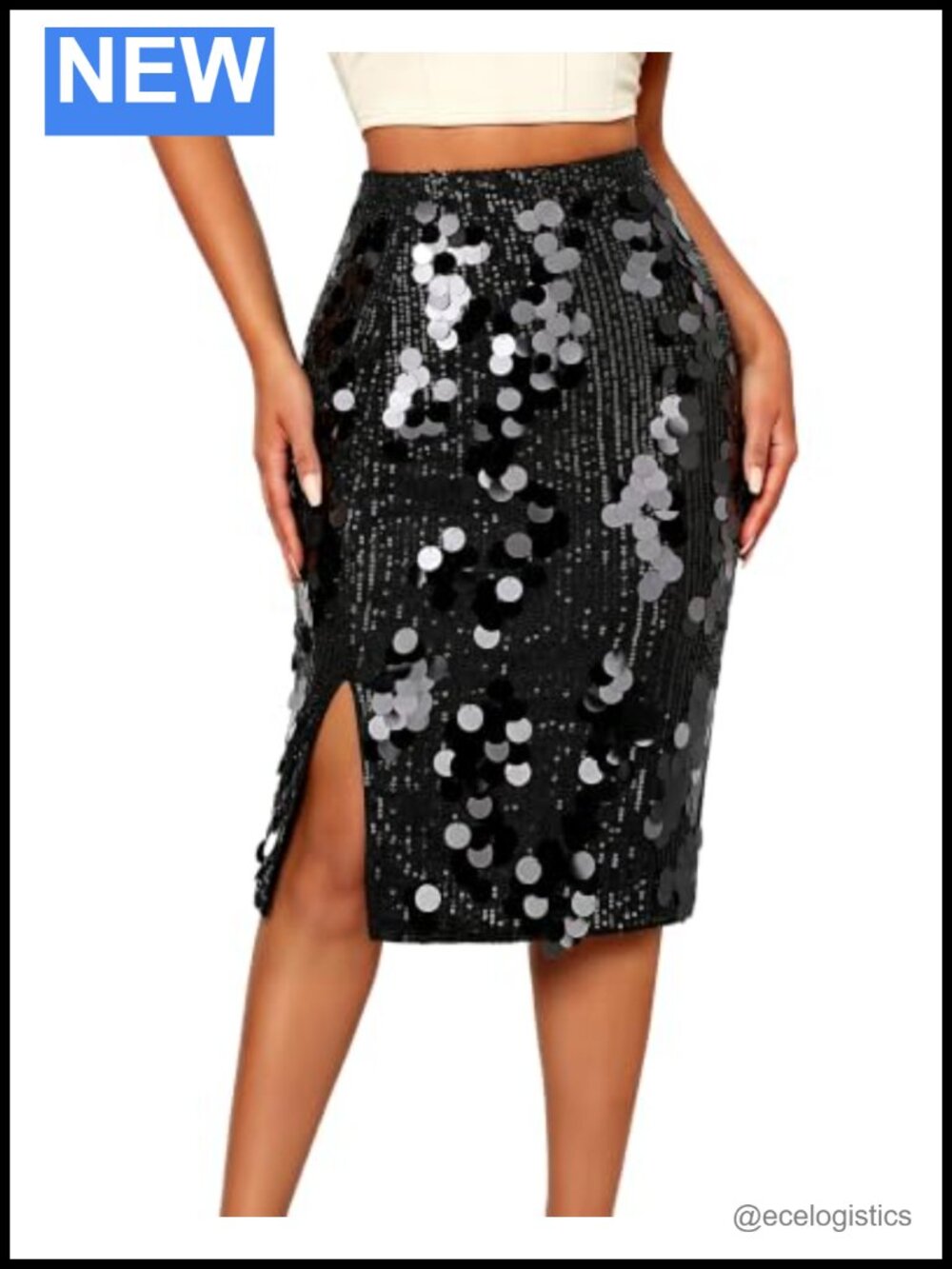 High Waist Sequin Skirt with Side Slit Stretchy Knee Length Party